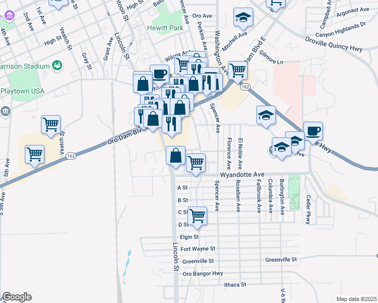 map of restaurants, bars, coffee shops, grocery stores, and more near 2836 Myers Street in Oroville