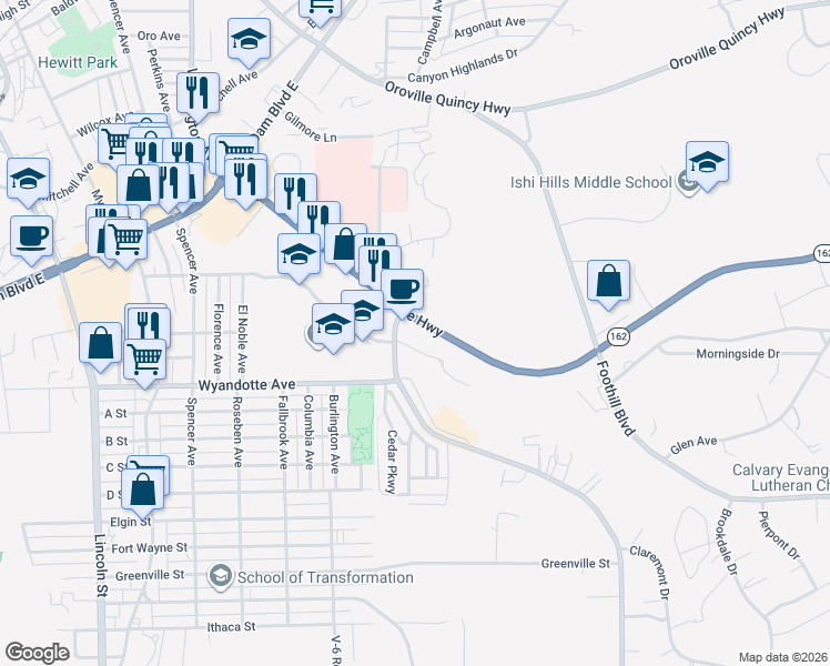 map of restaurants, bars, coffee shops, grocery stores, and more near 3008 Olive Highway in Oroville