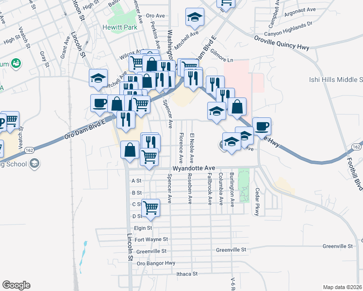 map of restaurants, bars, coffee shops, grocery stores, and more near 2400 Ontario Avenue in Oroville