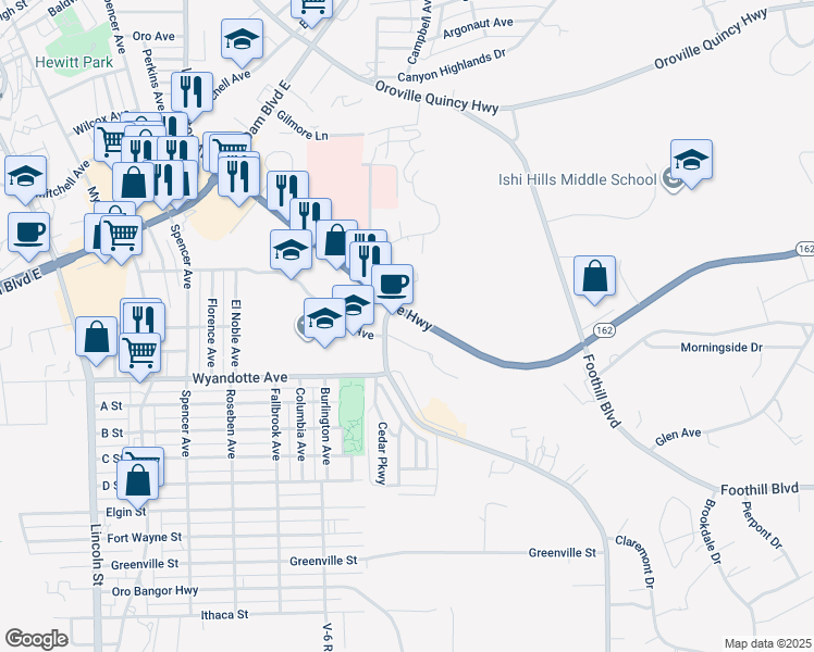 map of restaurants, bars, coffee shops, grocery stores, and more near 3008 Olive Highway in Oroville