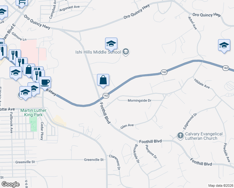 map of restaurants, bars, coffee shops, grocery stores, and more near 3380 Olive Highway in Oroville