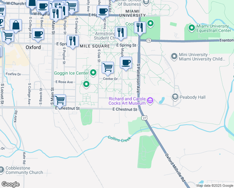 map of restaurants, bars, coffee shops, grocery stores, and more near 700 Maple Street in Oxford