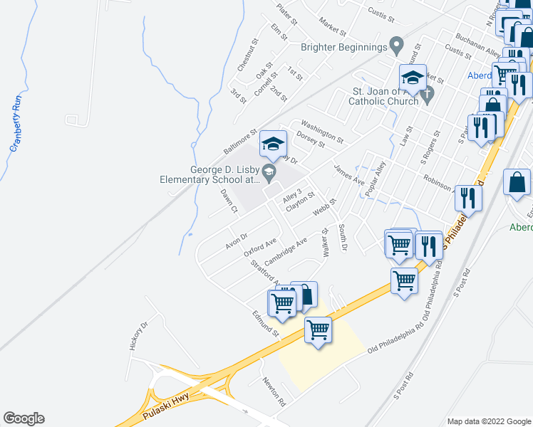 map of restaurants, bars, coffee shops, grocery stores, and more near 392 Oxford Avenue in Aberdeen