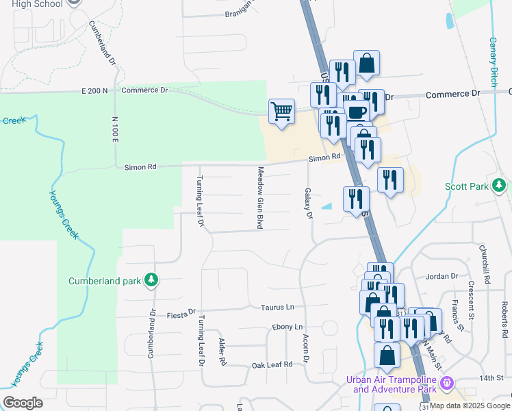 map of restaurants, bars, coffee shops, grocery stores, and more near 2148 Meadow Glen Boulevard in Franklin