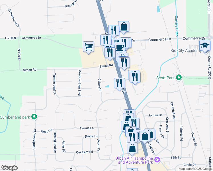 map of restaurants, bars, coffee shops, grocery stores, and more near 2147 Galaxy Drive in Franklin