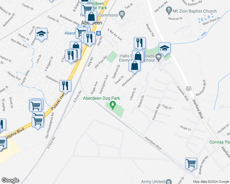 map of restaurants, bars, coffee shops, grocery stores, and more near 57 Aberdeen Avenue in Aberdeen