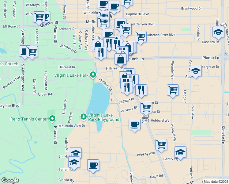 map of restaurants, bars, coffee shops, grocery stores, and more near 2201 Lymbery Street in Reno