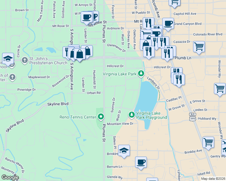map of restaurants, bars, coffee shops, grocery stores, and more near 2200 Sunrise Drive in Reno