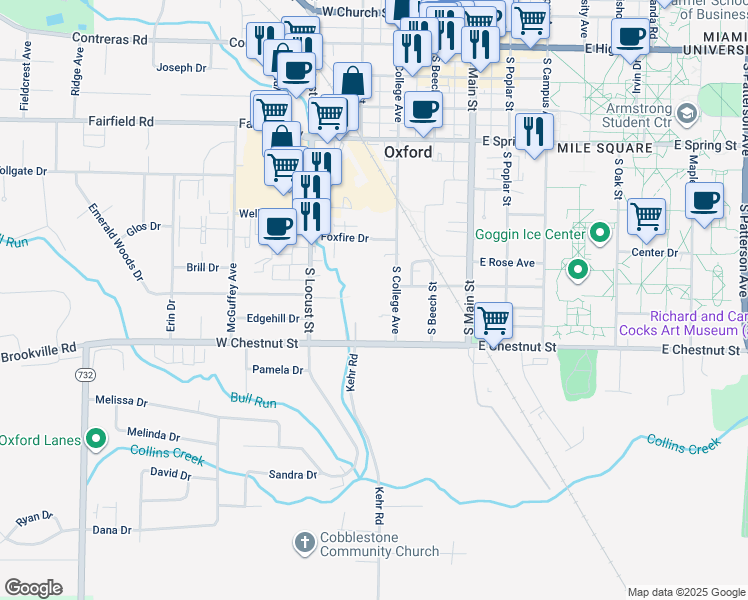 map of restaurants, bars, coffee shops, grocery stores, and more near 300 Brookview Court in Oxford