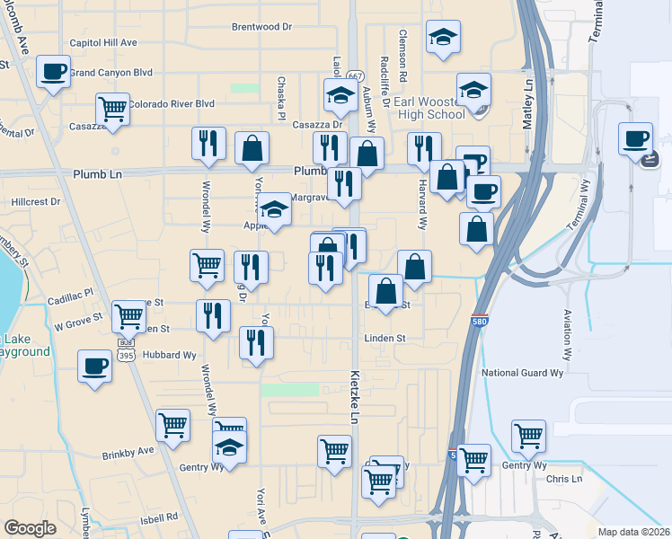 map of restaurants, bars, coffee shops, grocery stores, and more near 2245 Kietzke Lane in Reno