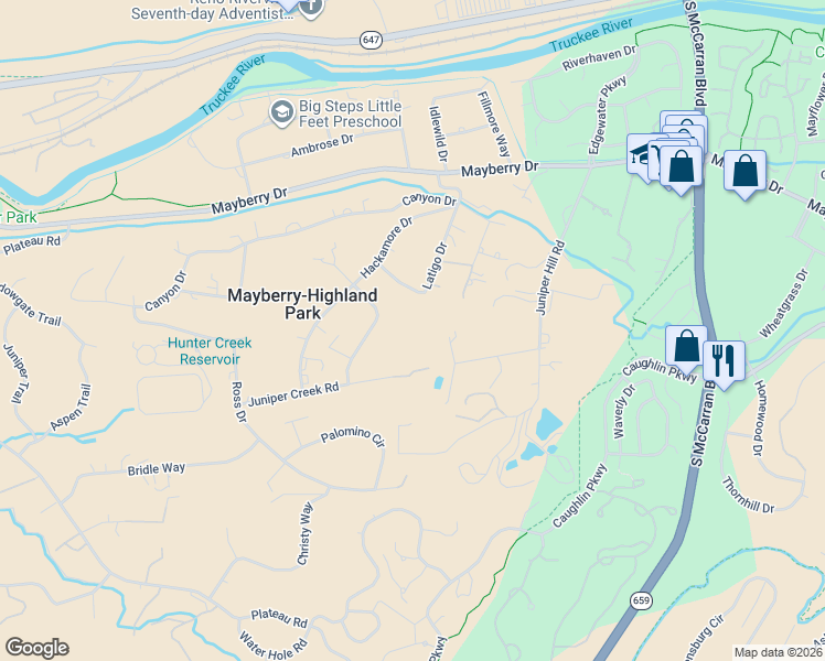 map of restaurants, bars, coffee shops, grocery stores, and more near 4325 Basque Ln in Reno