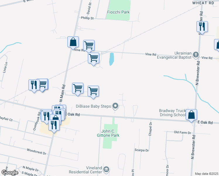 map of restaurants, bars, coffee shops, grocery stores, and more near 1890 East Oak Road in Vineland