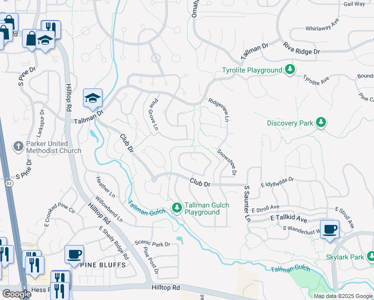 map of restaurants, bars, coffee shops, grocery stores, and more near 21072 Saddleback Circle in Parker