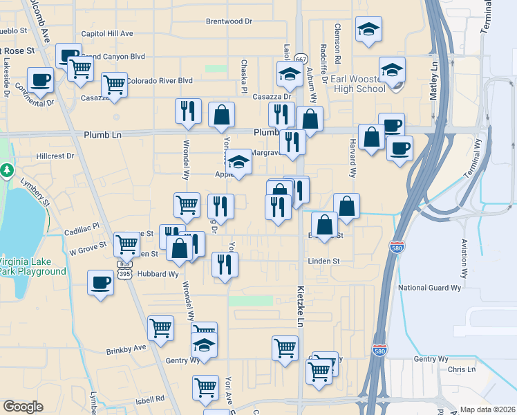 map of restaurants, bars, coffee shops, grocery stores, and more near 2225 Kietzke Lane in Reno