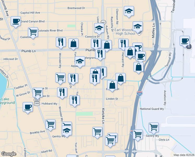 map of restaurants, bars, coffee shops, grocery stores, and more near 2169 Kietzke Lane in Reno