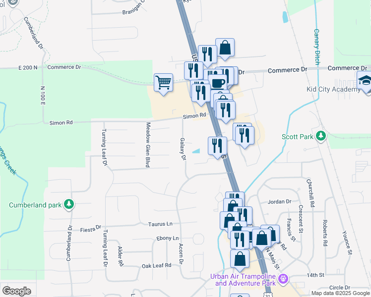 map of restaurants, bars, coffee shops, grocery stores, and more near 2147 Galaxy Drive in Franklin