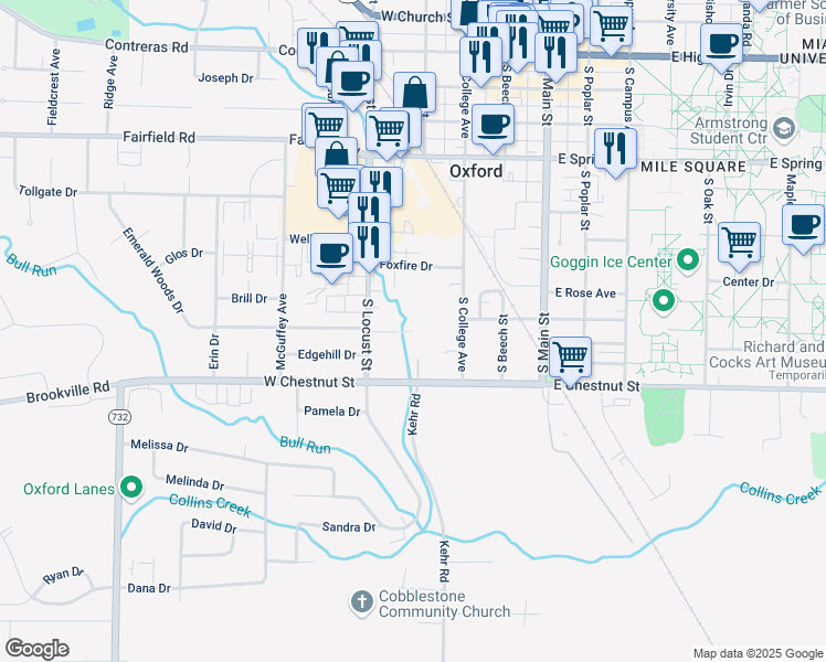 map of restaurants, bars, coffee shops, grocery stores, and more near 300 Brookview Court in Oxford