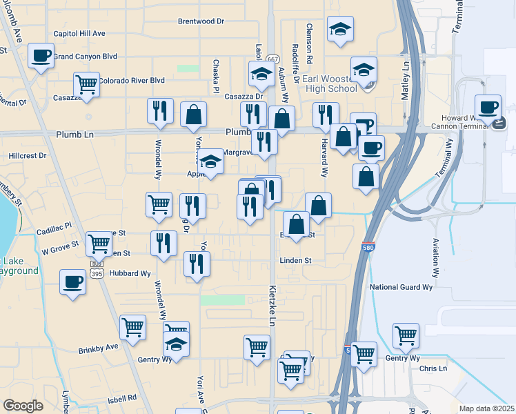 map of restaurants, bars, coffee shops, grocery stores, and more near 2169 Kietzke Lane in Reno
