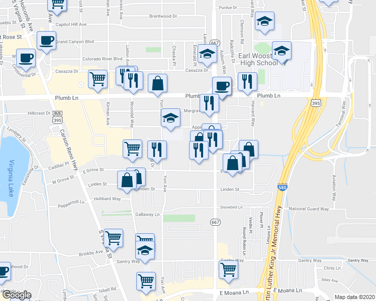 map of restaurants, bars, coffee shops, grocery stores, and more near 2185 Kietzke Lane in Reno