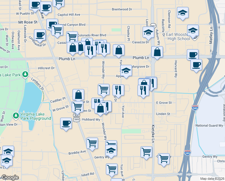 map of restaurants, bars, coffee shops, grocery stores, and more near 2296 Flagg Drive in Reno