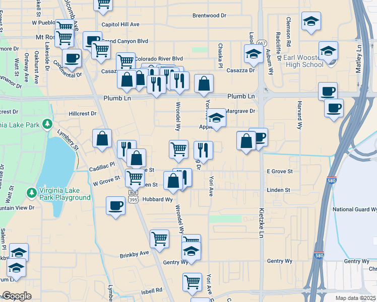 map of restaurants, bars, coffee shops, grocery stores, and more near 2410 Wrondel Way in Reno