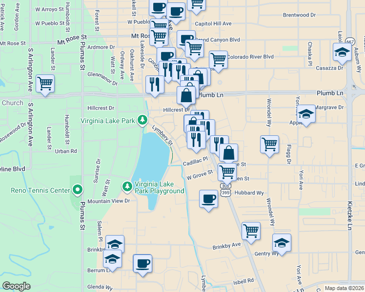 map of restaurants, bars, coffee shops, grocery stores, and more near 2265 Grosvenor Park Place in Reno