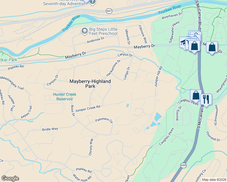 map of restaurants, bars, coffee shops, grocery stores, and more near 4325 Basque Lane in Reno