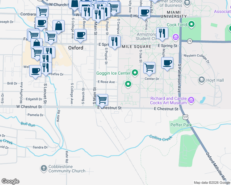 map of restaurants, bars, coffee shops, grocery stores, and more near 700 South Campus Avenue in Oxford