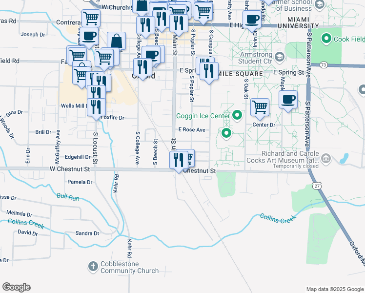 map of restaurants, bars, coffee shops, grocery stores, and more near 709 South Main Street in Oxford