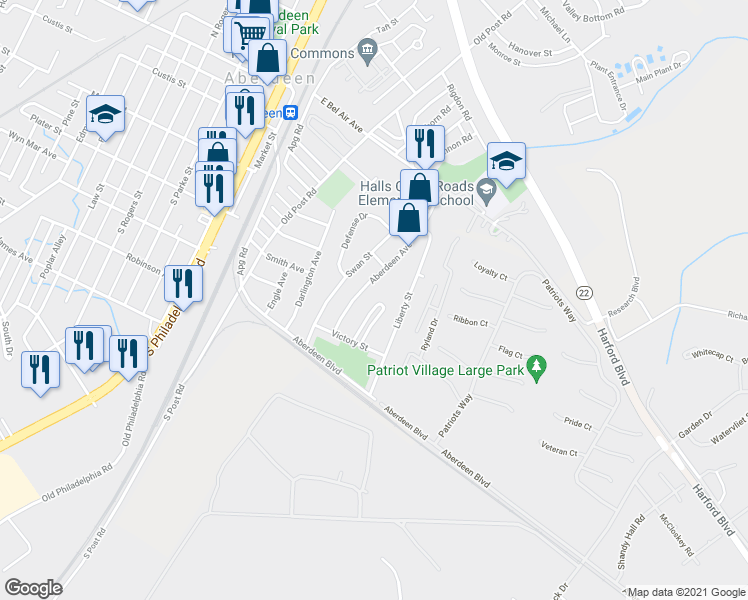 map of restaurants, bars, coffee shops, grocery stores, and more near 21 Chesapeake Court in Aberdeen