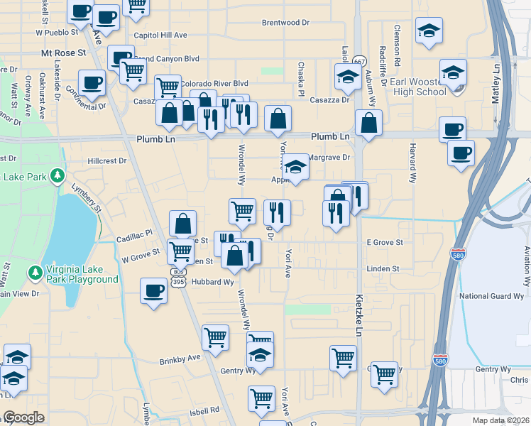 map of restaurants, bars, coffee shops, grocery stores, and more near 250 Stoddard Drive in Reno