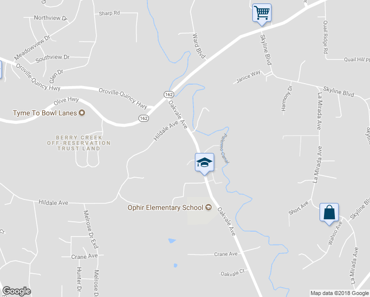 map of restaurants, bars, coffee shops, grocery stores, and more near 21 Castle Creek Drive in Oroville