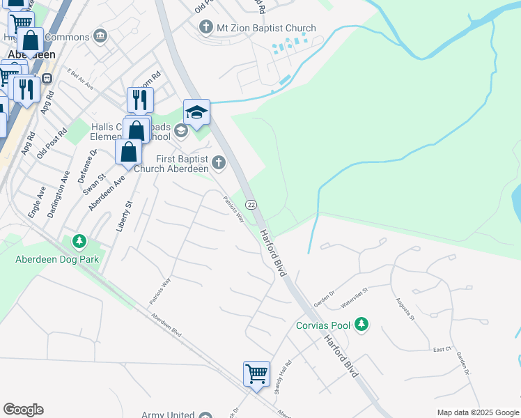 map of restaurants, bars, coffee shops, grocery stores, and more near Research Boulevard in Aberdeen