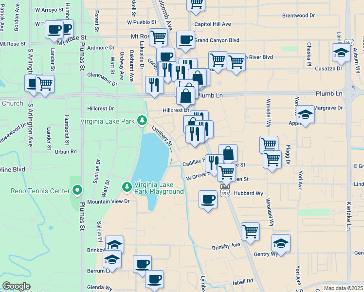 map of restaurants, bars, coffee shops, grocery stores, and more near 2265 Grosvenor Park Place in Reno