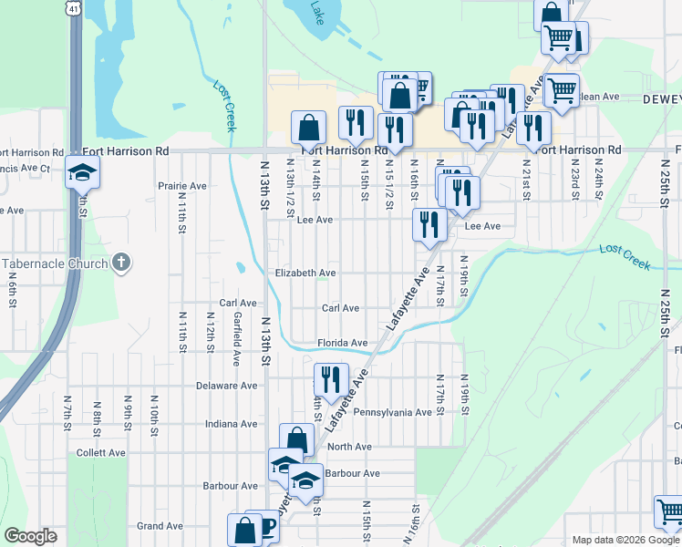 map of restaurants, bars, coffee shops, grocery stores, and more near 3000 North 14th 1/2th Street in Terre Haute
