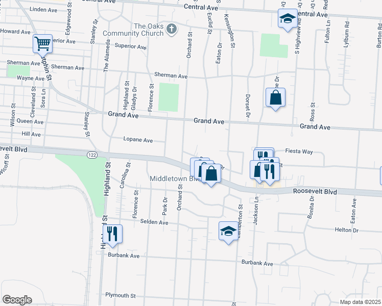 map of restaurants, bars, coffee shops, grocery stores, and more near 3115 Barbara Court in Middletown