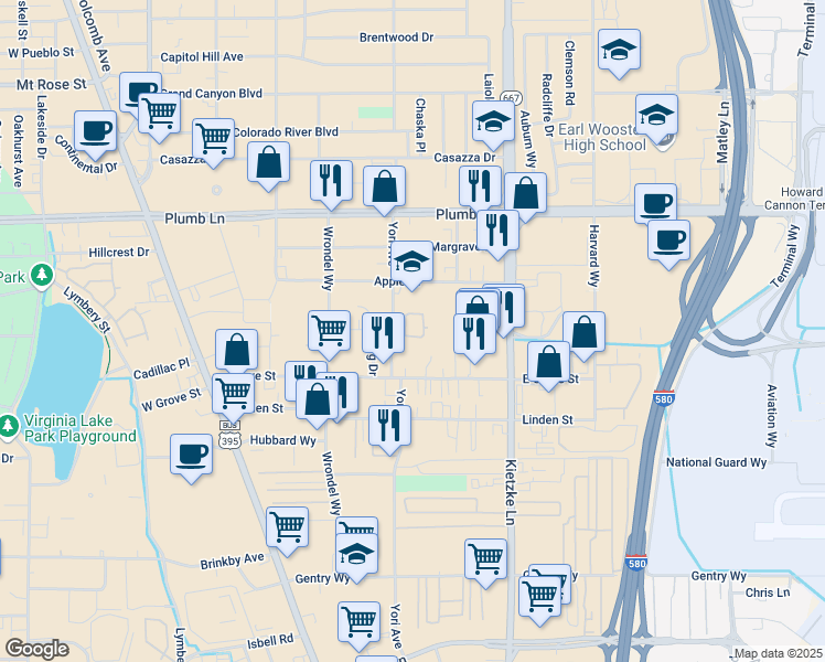 map of restaurants, bars, coffee shops, grocery stores, and more near 2205 Kietzke Lane in Reno