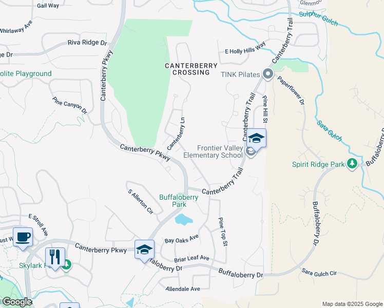 map of restaurants, bars, coffee shops, grocery stores, and more near 11764 Mill Valley Street in Parker