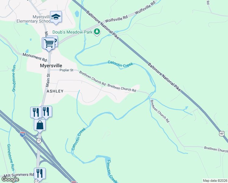 map of restaurants, bars, coffee shops, grocery stores, and more near 88 Ashley Court in Myersville