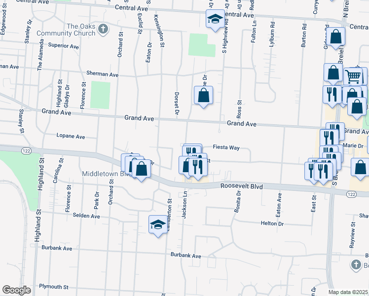 map of restaurants, bars, coffee shops, grocery stores, and more near 810 Jackson Lane in Middletown