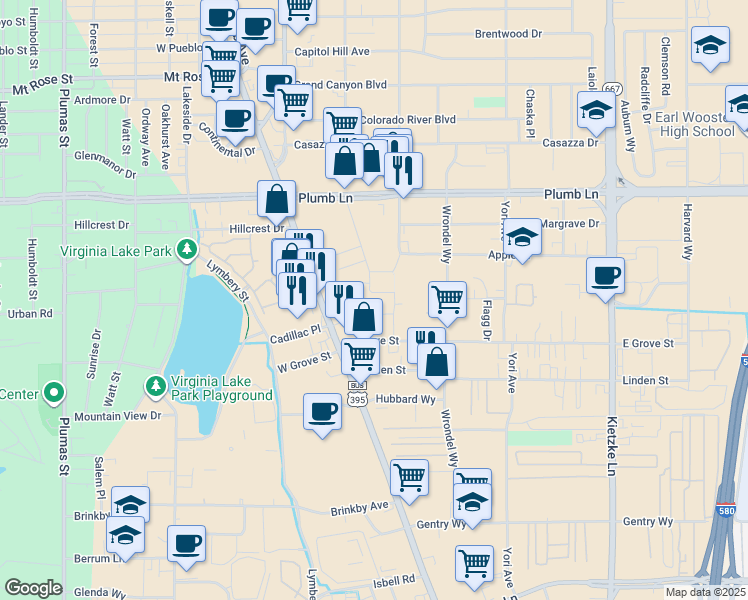 map of restaurants, bars, coffee shops, grocery stores, and more near 2301 Kirman Avenue in Reno
