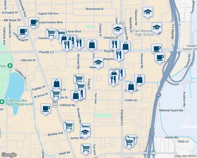 map of restaurants, bars, coffee shops, grocery stores, and more near 2205 Kietzke Lane in Reno