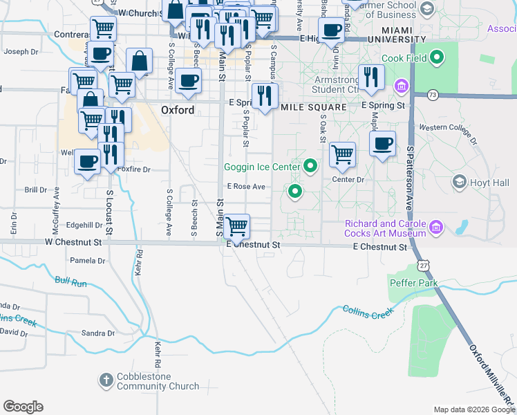 map of restaurants, bars, coffee shops, grocery stores, and more near 700 South Campus Avenue in Oxford