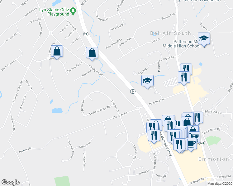 map of restaurants, bars, coffee shops, grocery stores, and more near 1610 South Tollgate Road in Bel Air