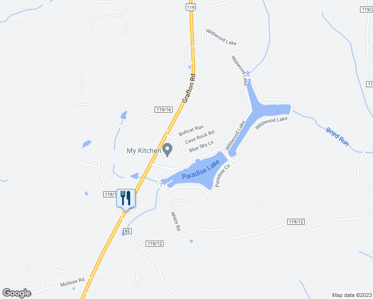 map of restaurants, bars, coffee shops, grocery stores, and more near 117 Blue Sky Lane in Morgantown