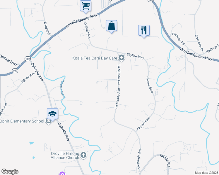 map of restaurants, bars, coffee shops, grocery stores, and more near 134 La Mirada Avenue in Oroville