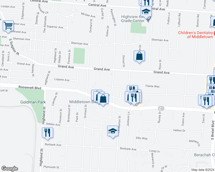 map of restaurants, bars, coffee shops, grocery stores, and more near 3100 Elman Court in Middletown