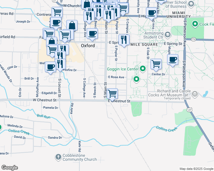 map of restaurants, bars, coffee shops, grocery stores, and more near 709 South Main Street in Oxford