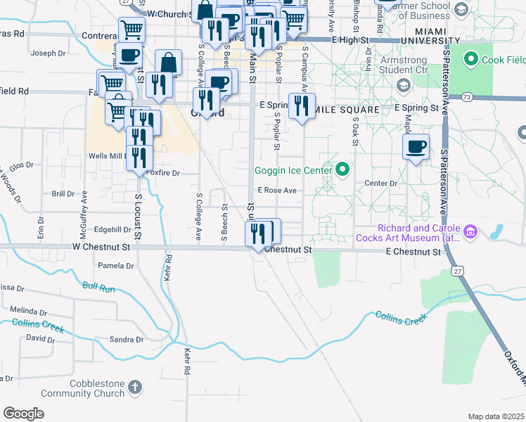 map of restaurants, bars, coffee shops, grocery stores, and more near 5 East Central Avenue in Oxford