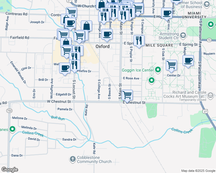 map of restaurants, bars, coffee shops, grocery stores, and more near 101 West Central Avenue in Oxford